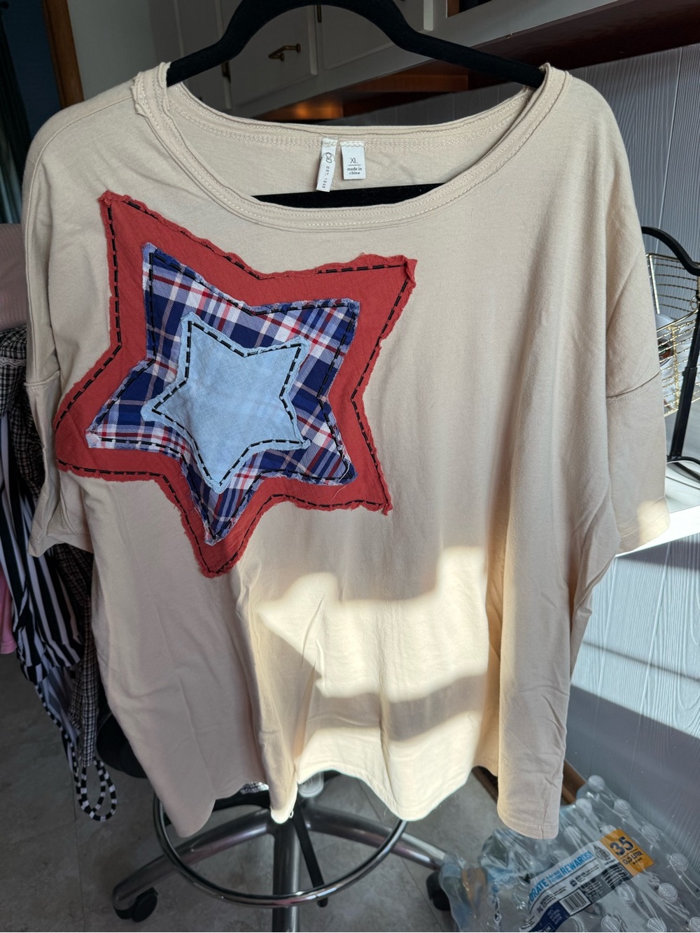 Cato Beige Top with Red and Blue Patch Detail